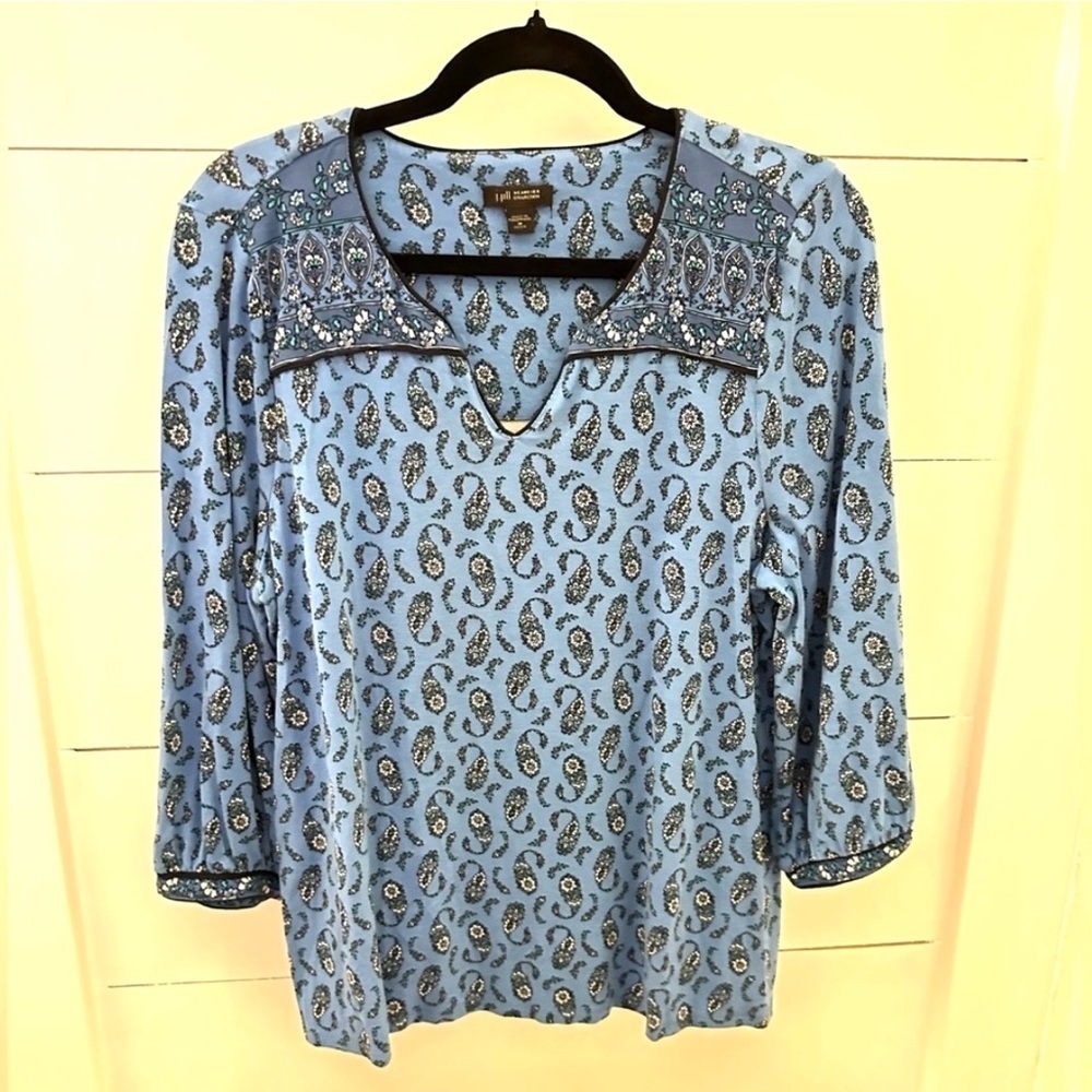 J JILL M Blue paisley V neck 3/4 sleeve rayon woman tunic cottagecore boho
